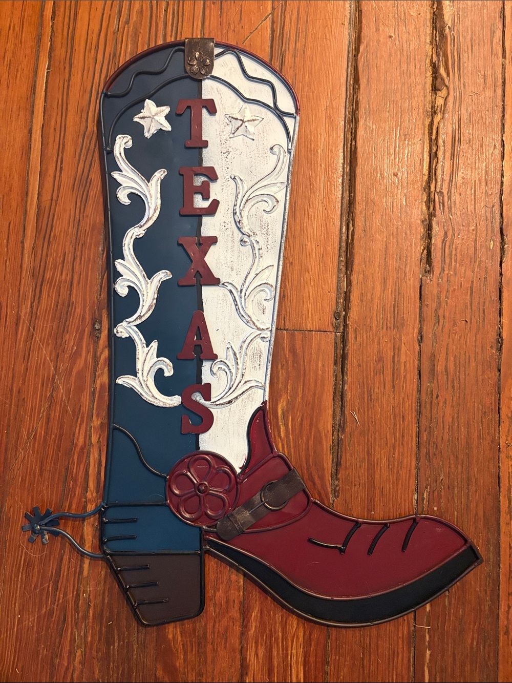 Urilabs Metal sign Texas Western Cowboy Boot - Red, White & Blue